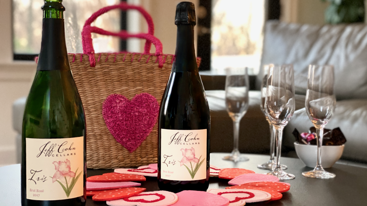 bottles-of-jeff-cohn-cellars-of-iris-brut-rose-on-a-table-with-valentines-decor