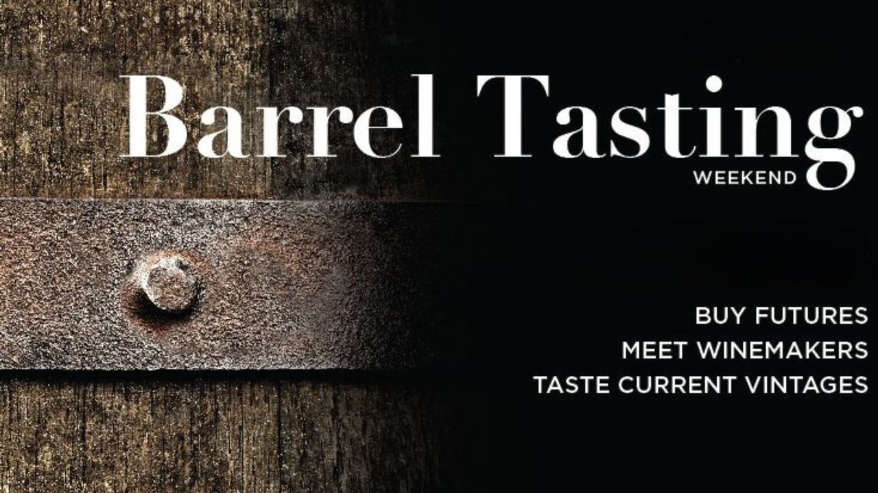 Wine Road Barrel Tasting Banner image with text on a macro barrel image.