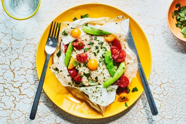 Fish Packets with Snap Peas, Tomatoes, and Herb Butter