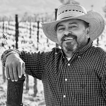 Ulises Valdez with his arm on a post in a vineyard. photo credit by colin price